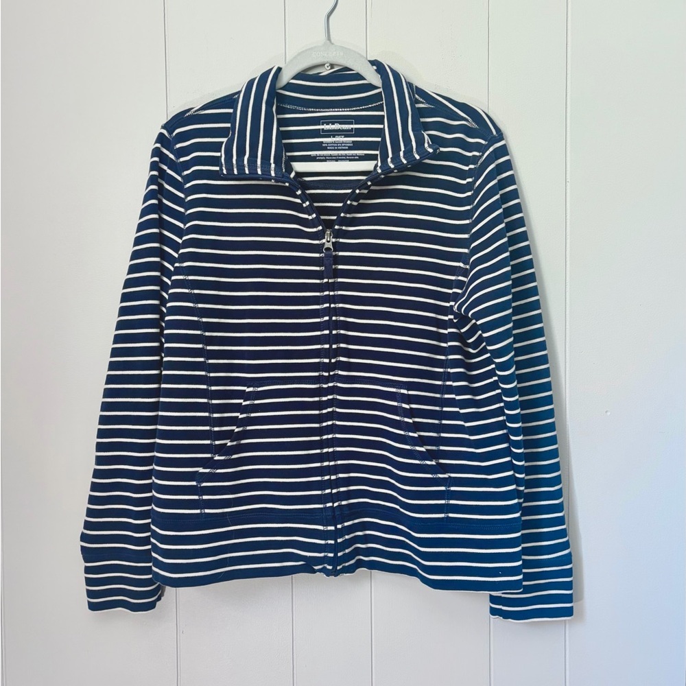 LLBean Sweatshirt Jacket Full Zip Navy White Stripe Women’s Large Petite
